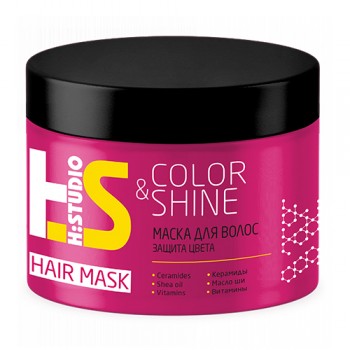 H:Studio Маска Color&amp;Shine для защиты цвета   300/12 Маска для защиты цвета волос Color & Shine позаботится о яркости и искристости оттенков ваших волос. Ее формула направлена на защиту и восстановление структуры локонов после процедуры  окрашивания и воздействия неблагоприятных факторов.

Церамиды восстанавливают структуру, защищают и обволакивают поврежденные волосы. Способствуют увеличению силы, объема и сияния волос.

Масло ши убирает сухость волос, защищает их от солнца, разглаживает, восстанавливает структуру, дарит мягкость и блеск.

Витамины А, Е, С, про-В5 улучшают кровообращение кожи головы, укрепляют волосяные луковицы и ускоряют рост волос, делают волосы шелковистыми и послушными.