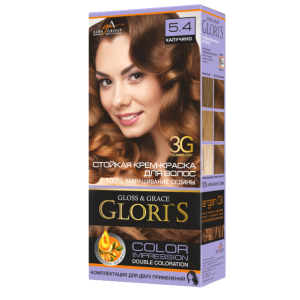 ГЛОРИС-2 /Краска для волос/  № 5.4   ( Капучино) Разработанная на основе технологии 3G стойкая крем-краска для волос «Glori`s» Gloss & Grace, гарантирует великолепную интенсивность цвета за счет максимальной глубины проникновения пигмента внутрь волоса.
Ухаживающие компоненты, масло Арганы входящее в состав крем-краски, содержащее витамины А, Е, D и Ω-6, обладают великолепными кондиционирующими свойствами, а красящие пигменты обеспечивают профессиональное закрашивание седины и придают волосам насыщенные оттенки цвета, усиливая блеск после окрашивания. 
Входящий в комплектацию шампунь для волос(без силиконов) содержит Миндальное масло, которое является прекрасным увлажняющим средством , тем самым предотвращает ломкость и истончение волос. 
Маска для волос входящая в комплектацию содержит Кератин, который предохраняет волосы от воздействия окружающей среды, а также от порчи при использовании плоек, фенов и щипцов, от разрушения при окрашивании и химической завивке.
Стойкое равномерное окрашивание, 100% окрашивание седины, глубокий цвет и ослепляющий живой блеск, волосы мягкие и послушные при укладке